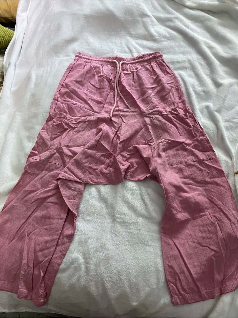 Pink Drawstring Linen-Blend Lounge Pants